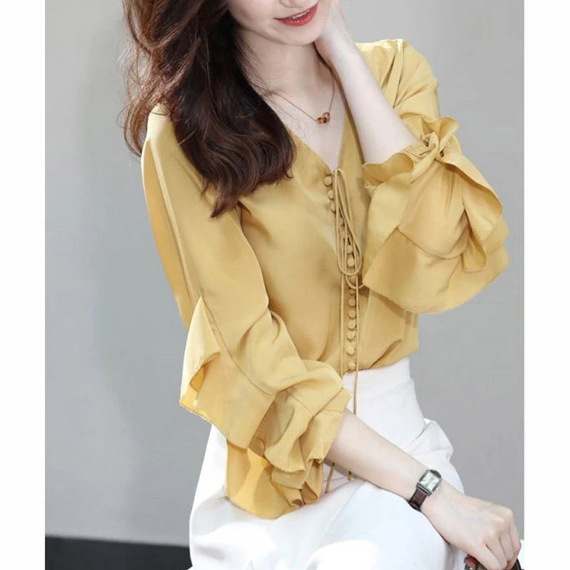 

Шелковая блузка Ele V-Ne с длинным рукавом в корейском стиле, модная женская шифоновая рубашка без бирки, легкий трендовый стиль Maturi