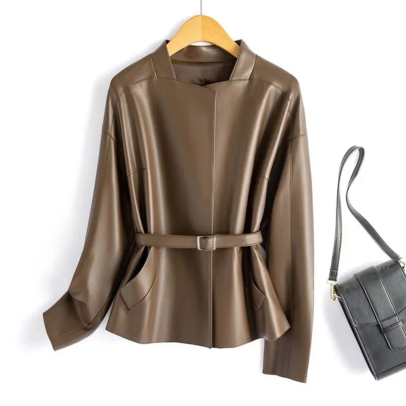 Real Sheepskin Coat For Women Spring Autumn 2025 New High Quality Black Genuine Leather Jacket With Sashes Кожанка Женская