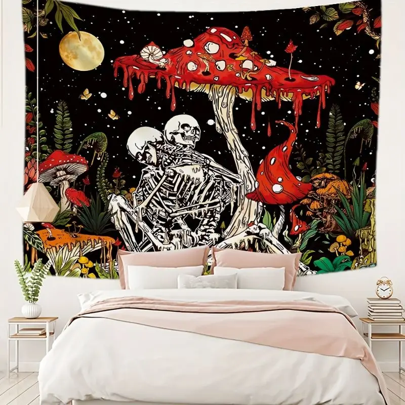 VIKAMA Psychedelic Style Couple Skeleton Red Mushroom Tapestry Gothic Atmosphere Wall Hanging Bedroom Dormitory Home Decor