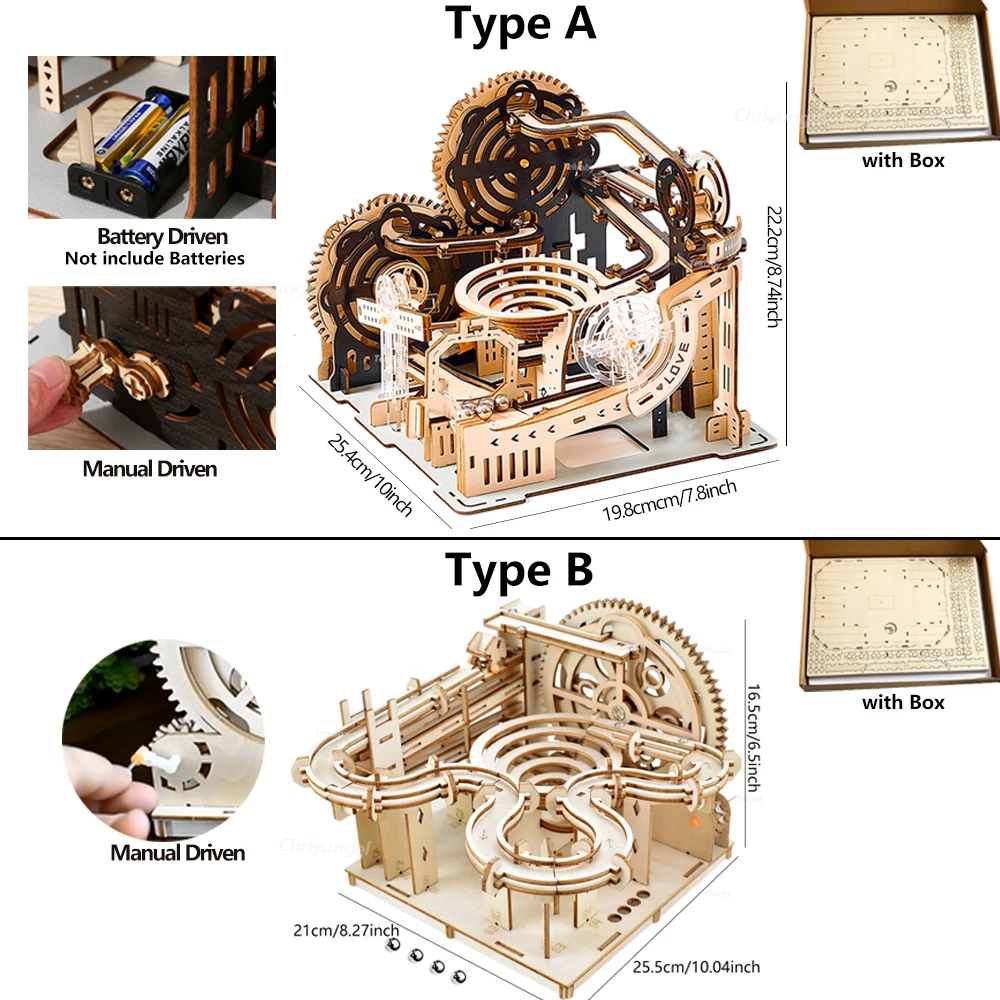 3D Wooden Puzzle Building Model Kit Electric Motorized Marble Run STEM Educational Construction Toys for Kids Adults Gifts
