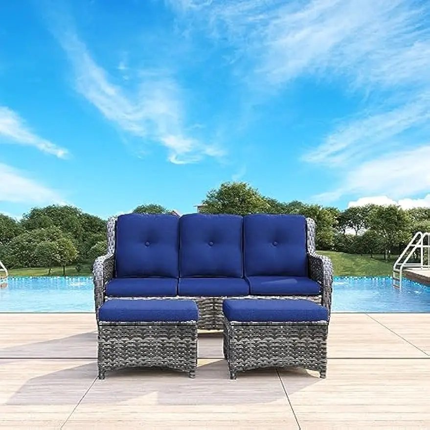 Outdoor Couch Set - 3-Piece Wicker Outdoot Sofa Set with 3-Seat Couch and 2 Ottomans Outdoor Wicker Patio Furniture, Cushions