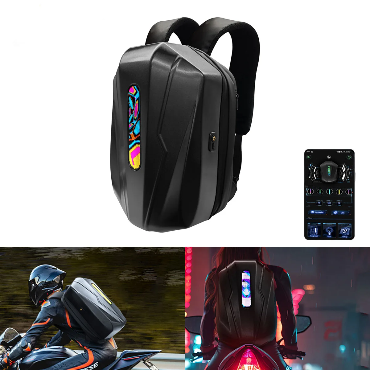 Motorcycle Riding Storage Bag Led DIY Smart Backpack Hard Shell Waterproof Bluetooth Control with Programmable Travel Hiking Bag