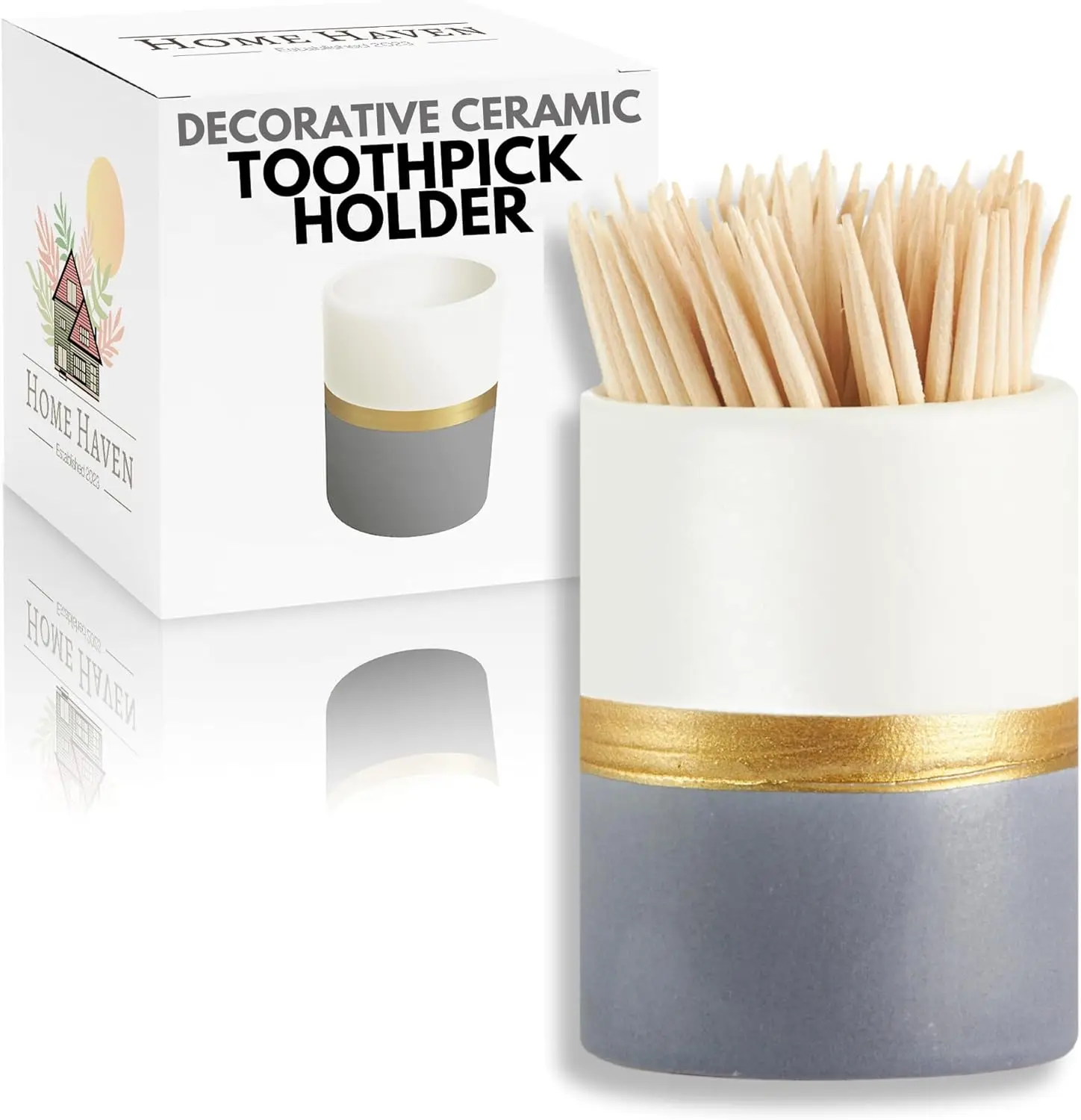 

White & Navy Ceramic Toothpick Holder with Gold Stripe - Decorative Dispenser for Parties