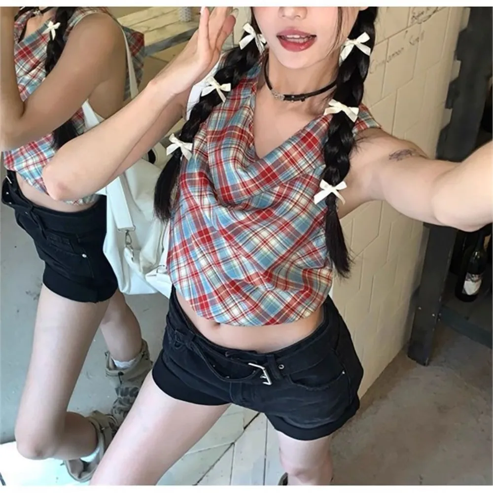 Sweet And Spicy Lace Patchwork Red Checkered Hooded Halter Top For Women Summer Dopamine Pure Desire Hot Girl Sleeveless Vest