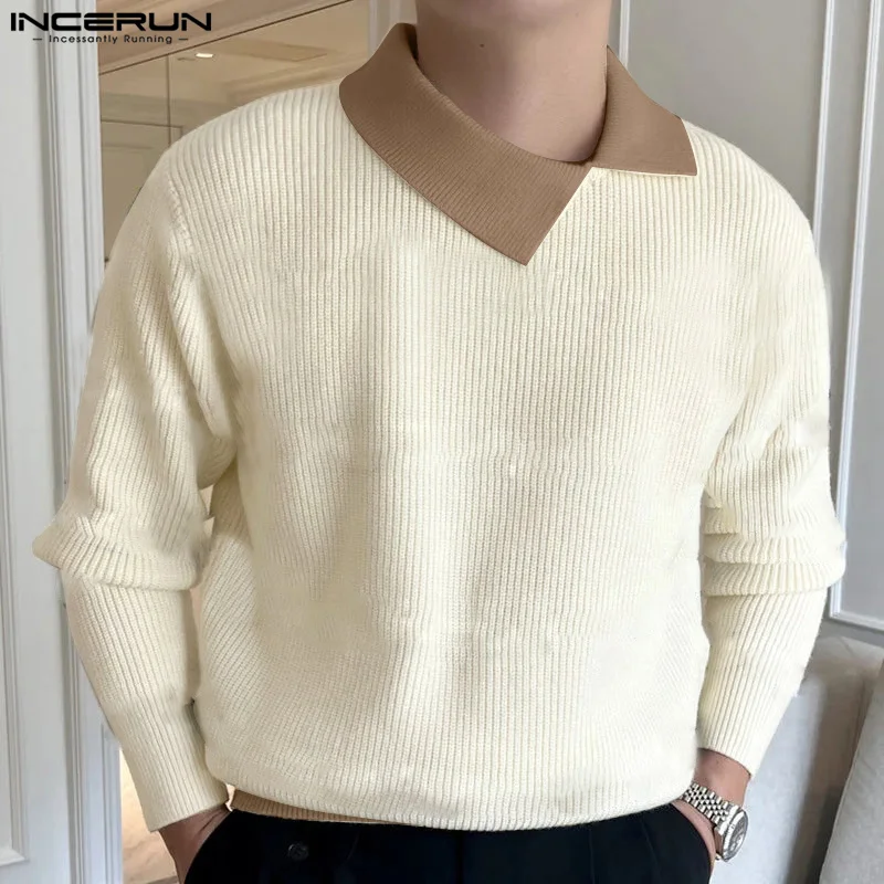 INCERUN Tops 2024 Korean Style Fashion Men's Knitted Contrast Color Pullovers Male Casual Irregular Collar Long Sleeved Sweaters