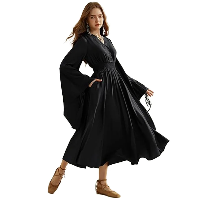 Cross-Border Renaissance Clothing Women's Fairy Dress V-Neck Drawstring Flared Sleeve Long Dress with Pocket