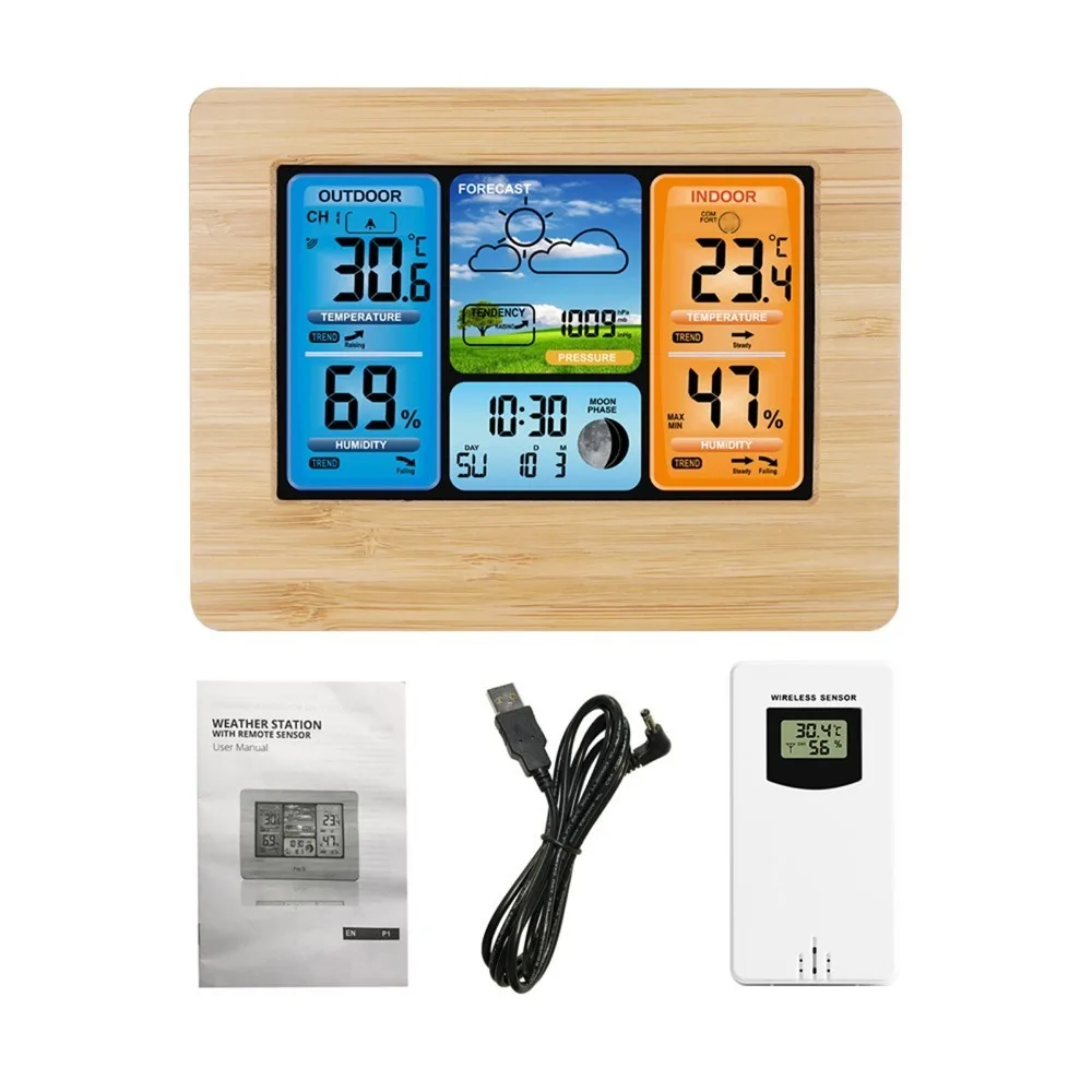 Color Display Weather Station Clock Wireless RF Transmission USB Powered Wireless Weather Station Moon Phase Display