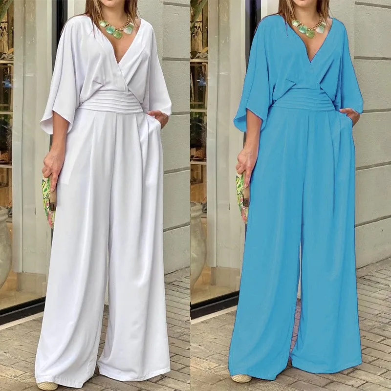 Summer Commuter New Women's jumpsuit Solid Color V-Neck Elegant Fashion Slim Half Sleeve High Waist Wide Leg Overalls Pants