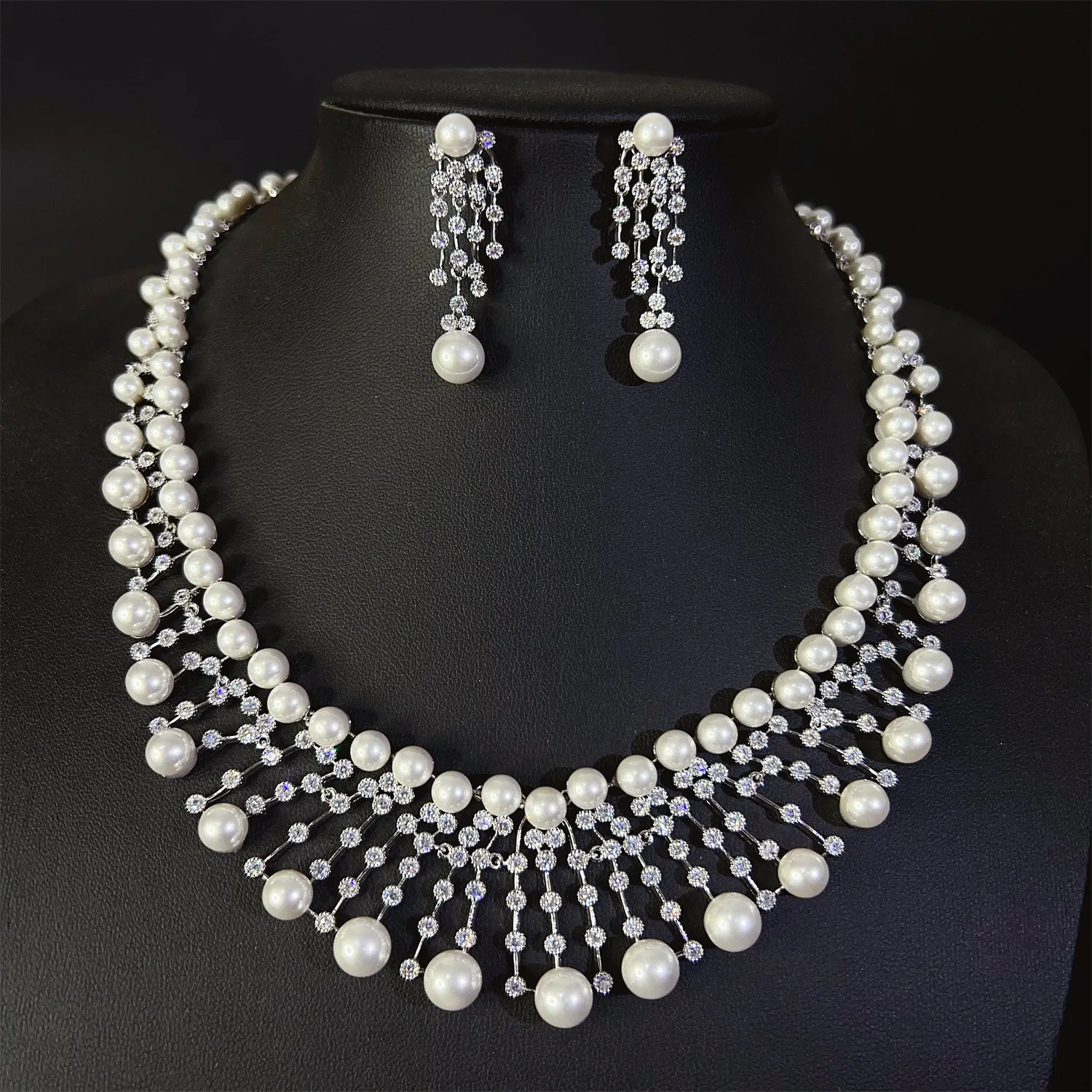 

White Pearl Zirconia Necklace Earrings Jewelry Sets Wedding Bride Elegant Jewelry Women Dinner Party Gown Accessoires Gift