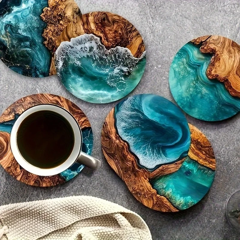 New Thickened Turquoise Ocean and Tropical Wood Grain Round Coaster, Heat-Resistant and Non-Slip, for Home and Coffee Shop