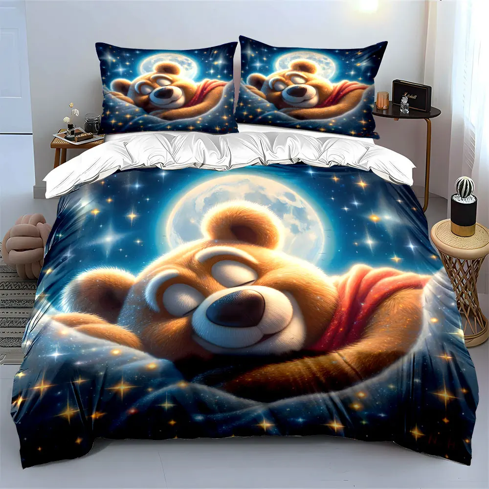 Dreamy bear under moonlight sky Bedding Set for Kids Luxury Gift 3pcs Digital Print Comforter Set Soft Comfortable Breathable