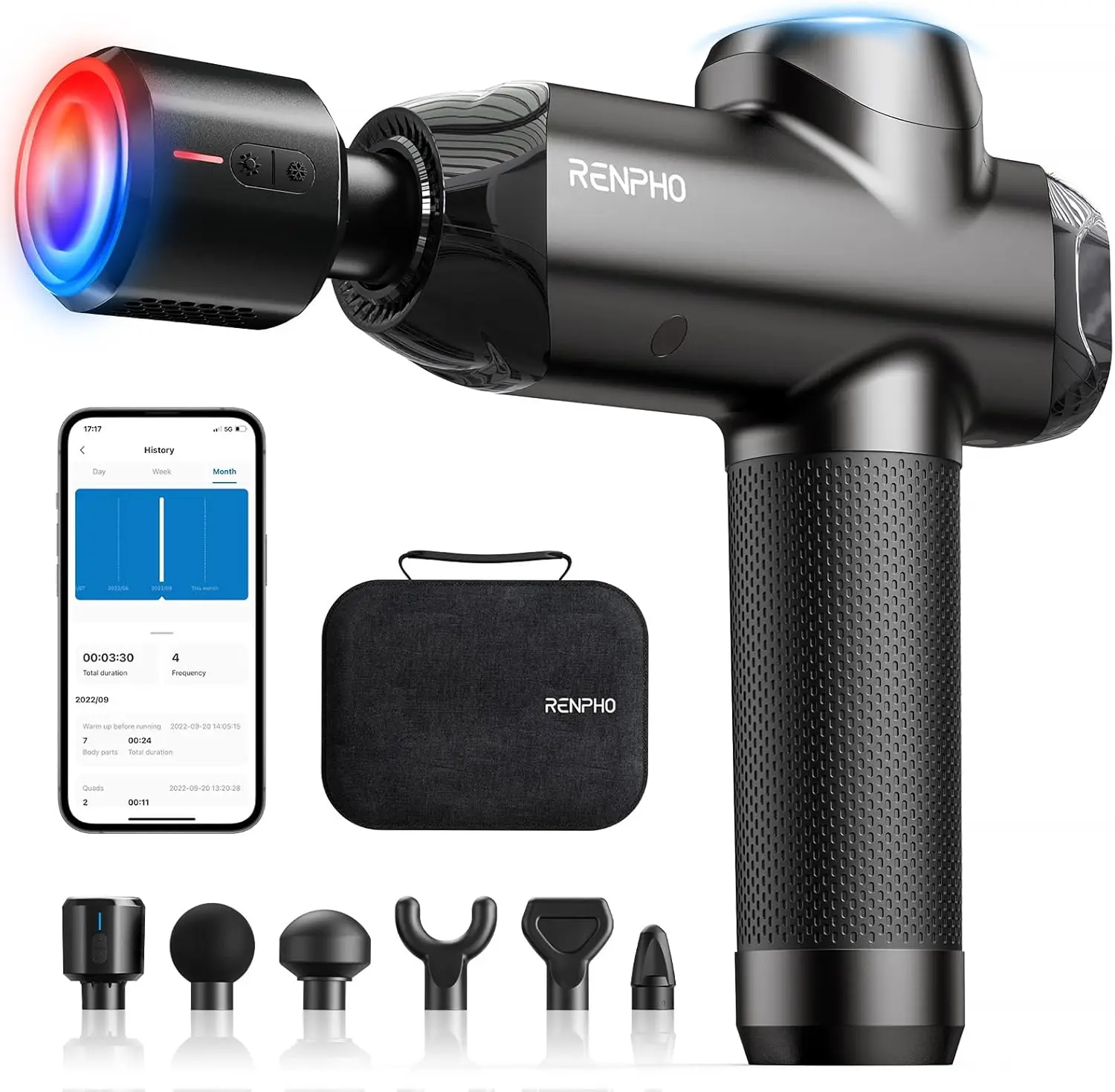 

Deep Tissue Massage Gun with Heat and Cold Therapy, Bluetooth Control, 12mm Amplitude for Muscle Relief