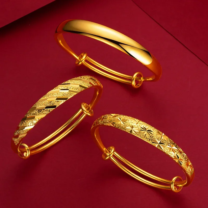 Yellow Gold Plated Bracelet Bangles for Women Bride Push-pull Small Fish Meteor Shower Bracelets Fine Jewelry Festival Gifts