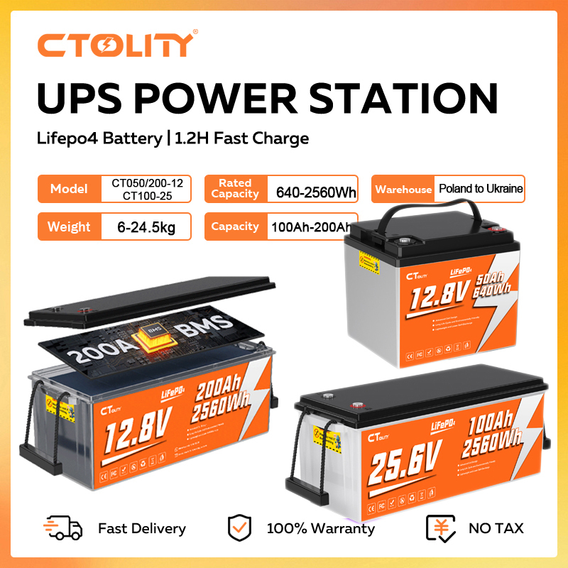  CTOLITY 100Ah Lifepo4 Battery 25.6V 640Wh 2560Wh Rechargeable Battery 4000+ Cycle 50A BMS Solar Generator Energy Storage Supply 