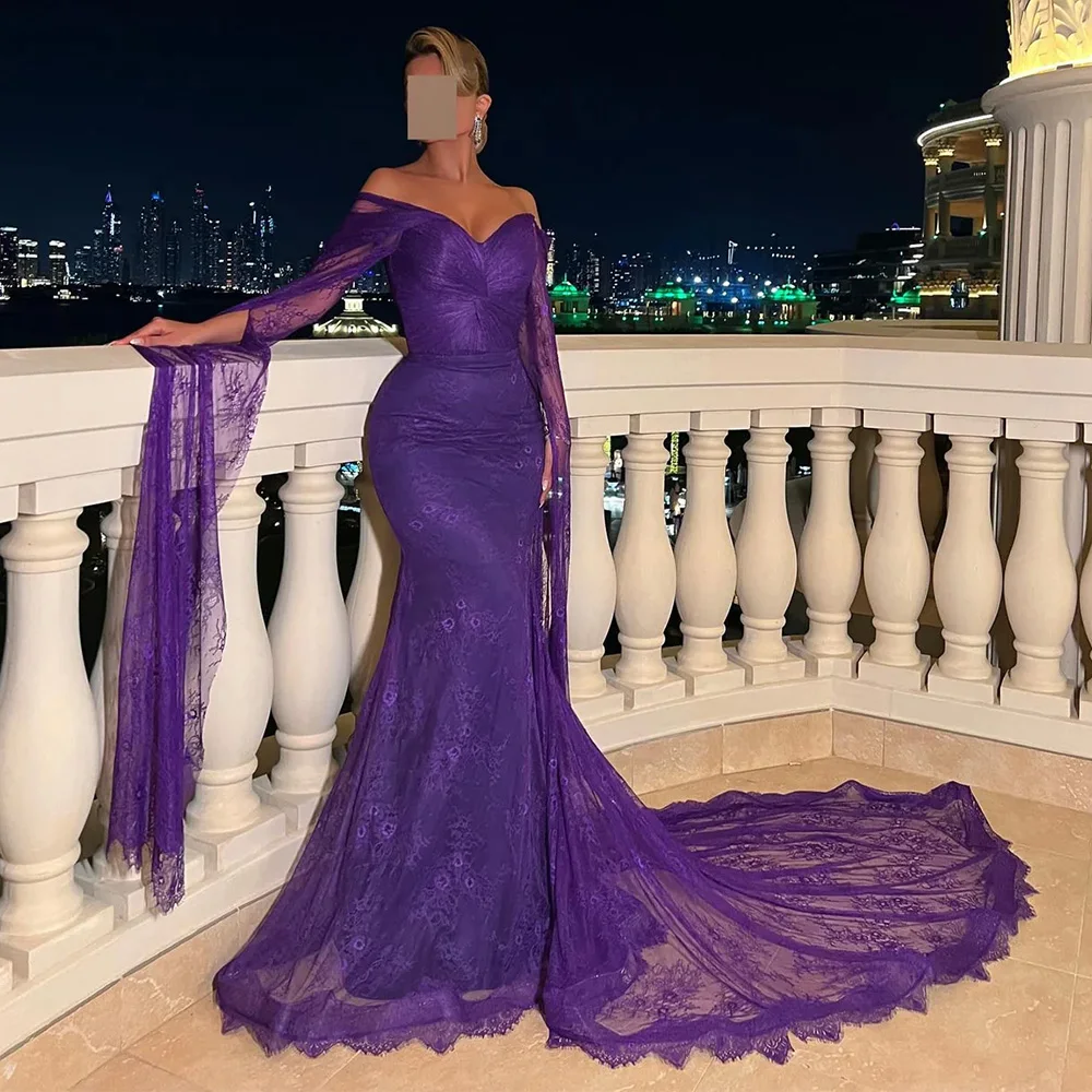 

Purple Appliques Lace Customized Evening Dress Exquisite Sweetheart Mermaid Robe de soirée Temperament Long Sleeves Prom Dresses