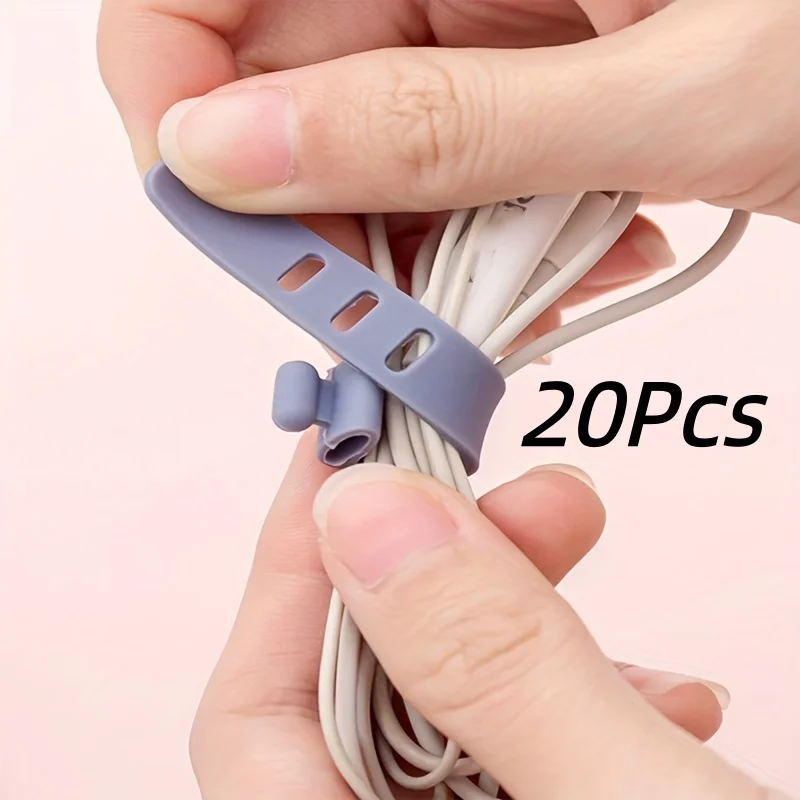 20Pcs Silicone Cable Ties, Reusable Wire Organizer, 3 Holes, Anti-slip Elastic Cord Holder for USB Earphone Charger, Home Office
