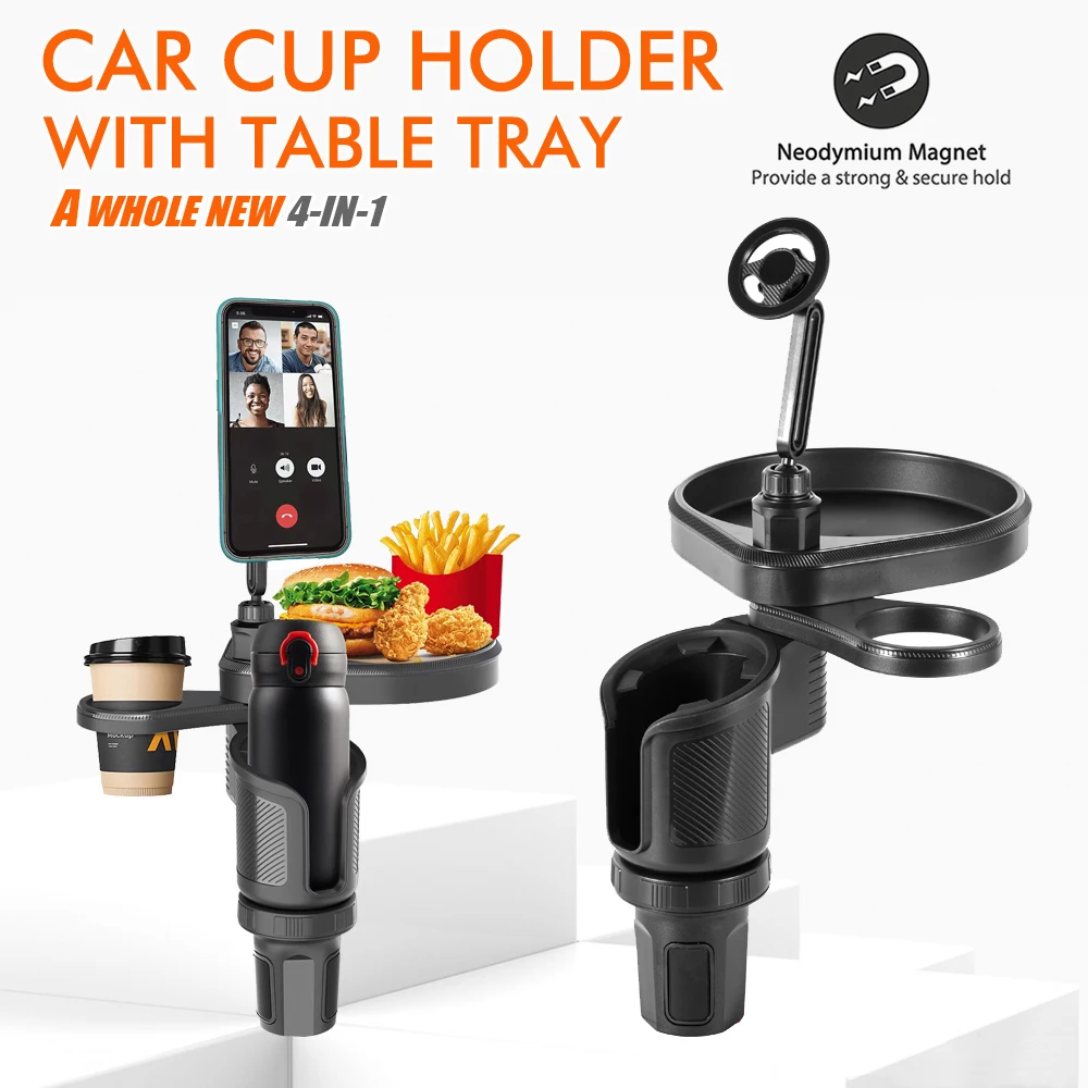 4 In 1 Car Magnetic Phone Holder Cup Holder With Table Tray 360 Degree Adjustable Base Auto Interior Accessory