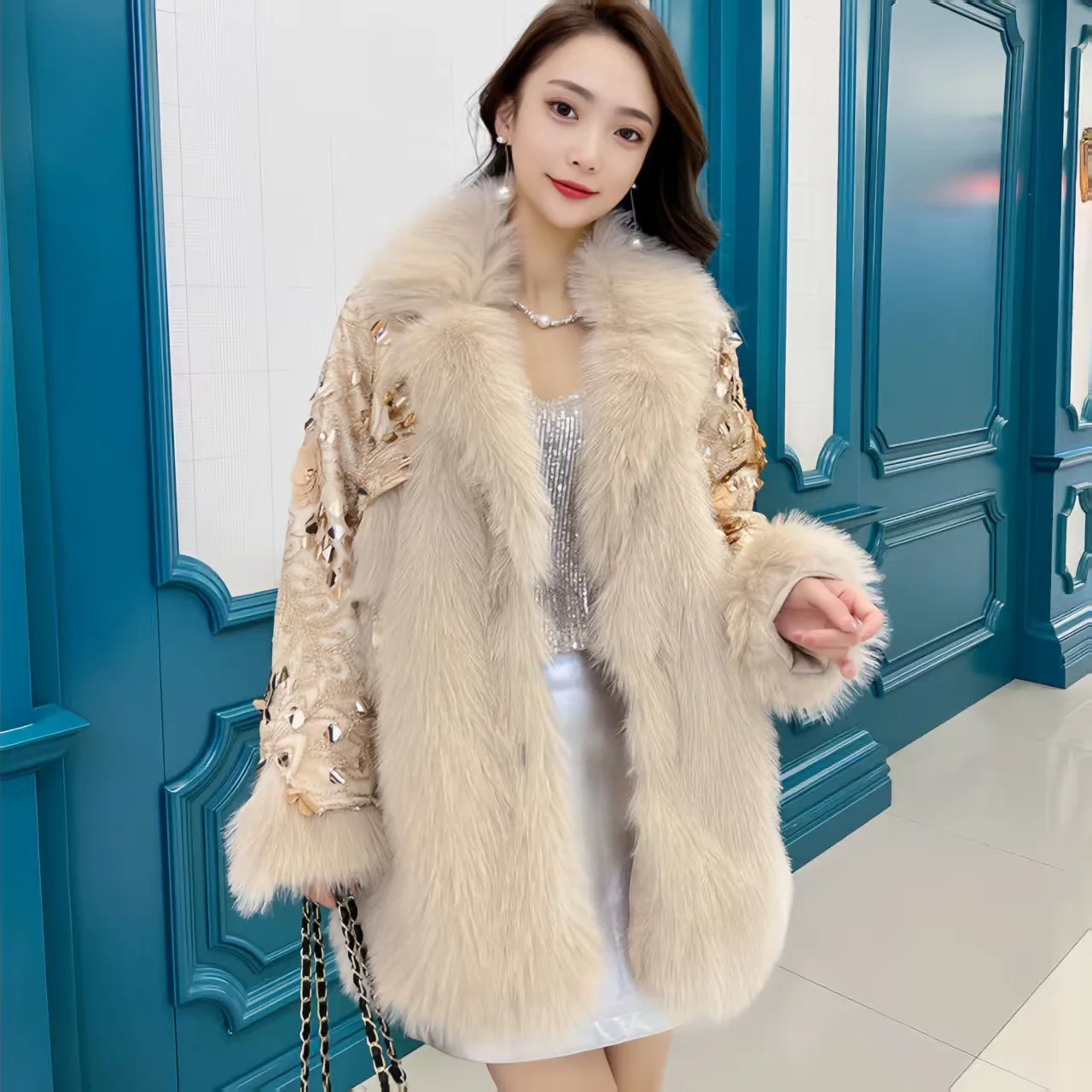 Jaket Slim Bulu Imitasi Serbaguna Fashion Panjang Sedang Terintegrasi Wanita Elegan Pakaian Musim Dingin 2025 Mantel Bulu Imitasi Payet Wanita