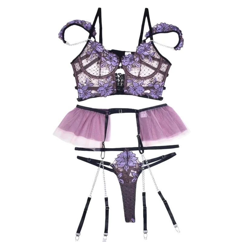 Brskbzda Fancy Lingerie Set Floral Sexy Porn Underwear Women Body Ruffle Garters Briefs Transparent Bra Chic Sexy Costume 3Piece