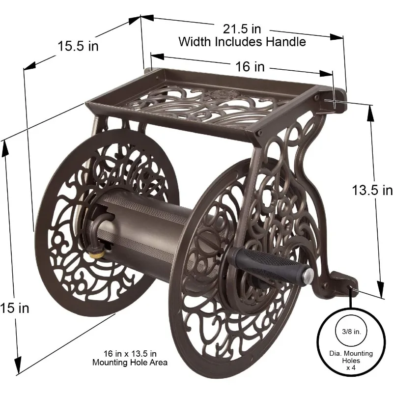 704 Decorative Cast Aluminum Wall Mount Garden Hose Reel, Holds 125-Feet of 5/8-Inch Hose - Bronze image 6
