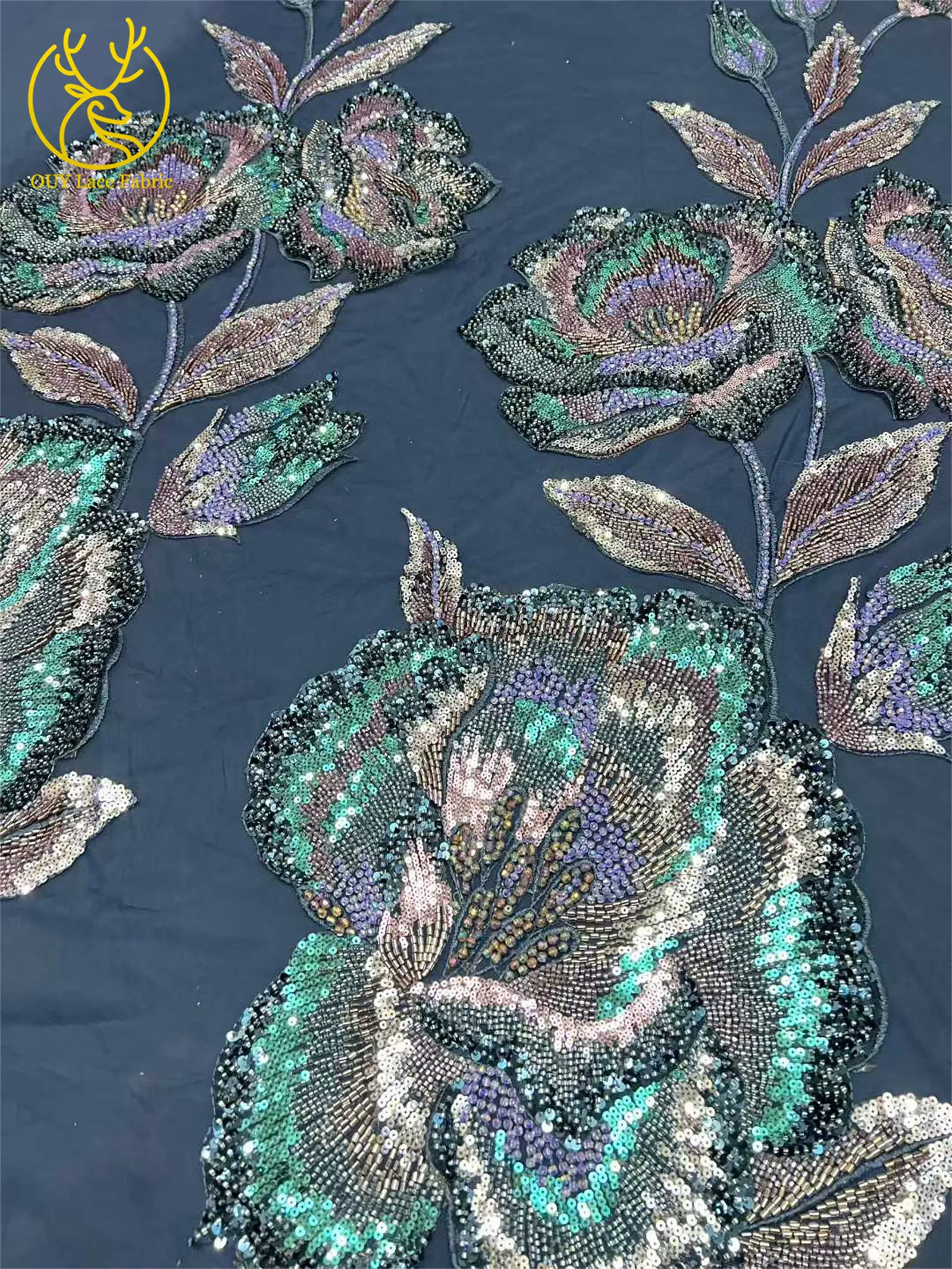 Nigeria Große Blumen Perlen-Spitzenstoff 2026 Luxuriöser Afrikanischer Spitzenstoff 5 Yards Französischer Pailletten-Spitzenstoff für Party- und Abendkleider – Detail 10