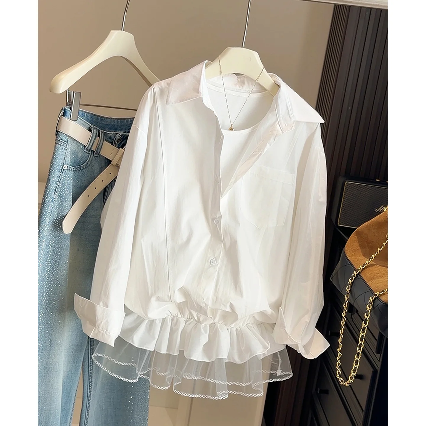 

ALPHALMODA Новинка, корейский стиль, омолаживающий эффект, имитация двух предметов, блузки и рубашки, с рюшами по низу, сетчатая рубашка, свободный модный топ