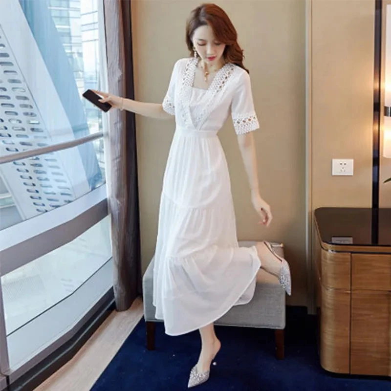 

Elegant Casual White V-neck Short Sleeve Hollow Out Empire Dress Pullover Summer New A-LINE Solid Color Women's Clothing 2024