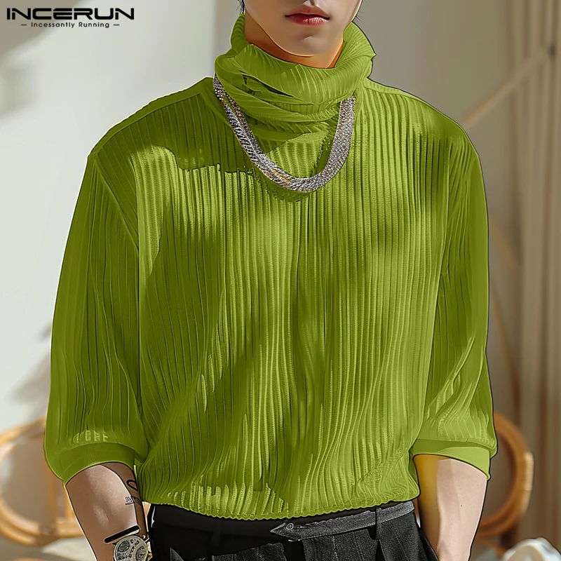 INCERUN Men T Shirt Solid Color Turtleneck 3/4 Sleeve Streetwear Casual Male Tee Tops 2024 Pleated Fashion Leisure Men Clothing