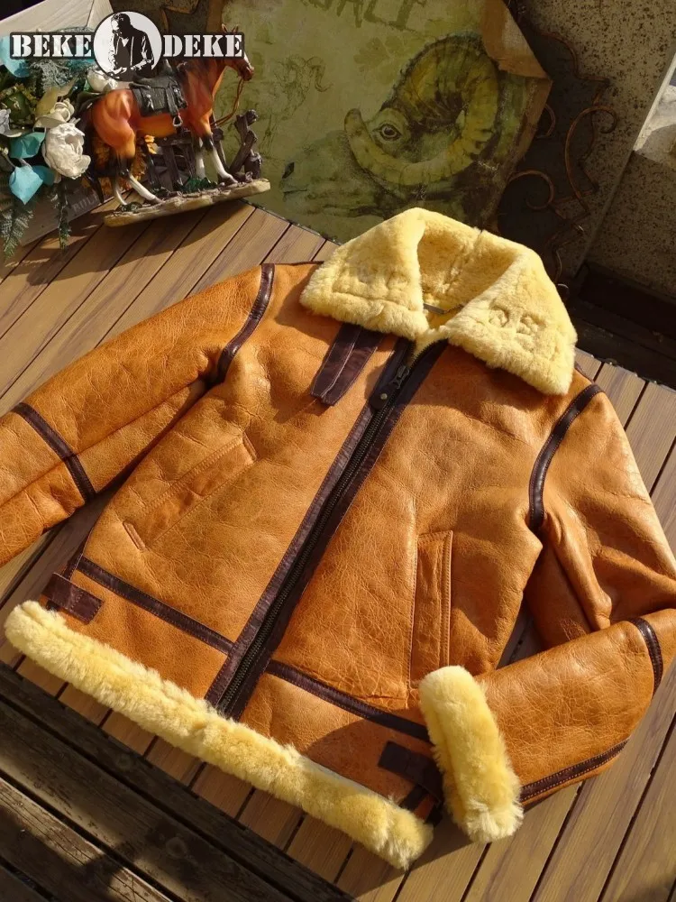 Vintage Real Fur Men Winter Warm Wool Genuine Leather Motorcycle Jacket Slim Fit Turndown Collar Classic Pilot Shearling Coat