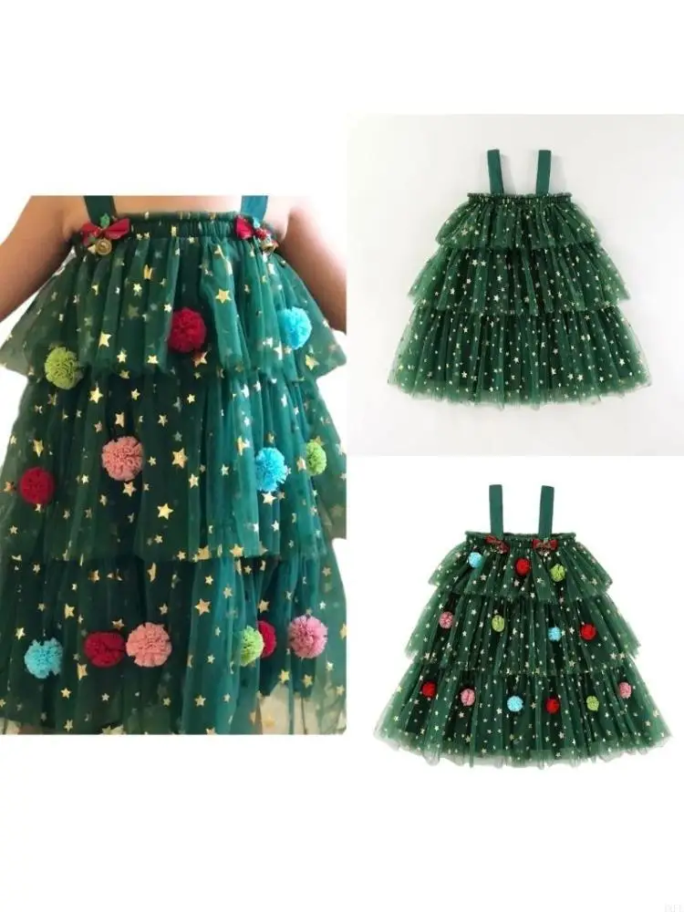  Elegant Christmas Dress Suspender Dress for Little Girls with Star Print Tulle Layers and Decorative Plush Decors Green