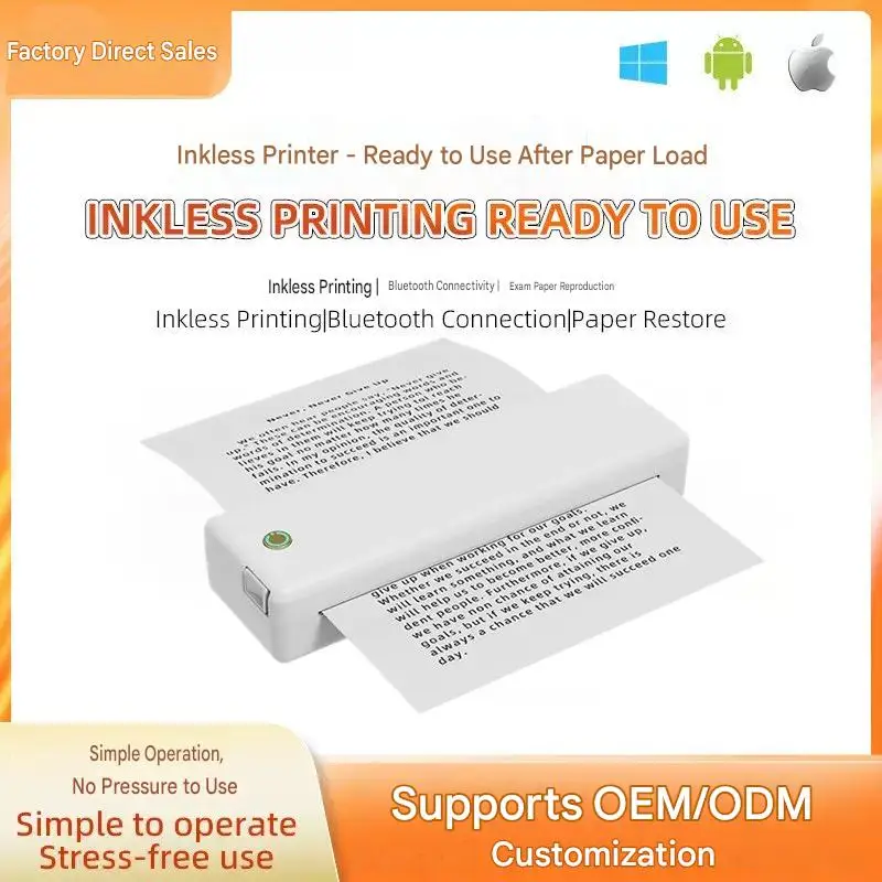 Portable A4 Inkless Thermal Printer Wireless Bluetooth Office Document Printer Compatible Phone Laptop