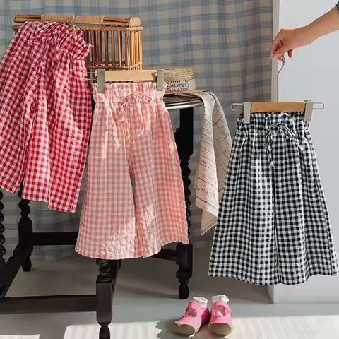 2-8T Girls Pants Grid Straight Wide Leg Cropped Pants Loose Comfortable Ruffled Waist Spring and Summer Thin Skirts Style Pants