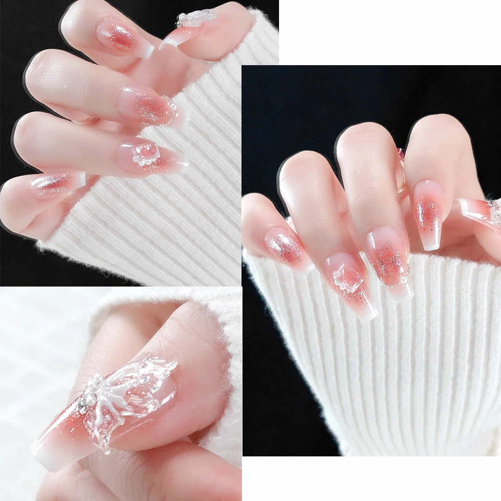 24 pçs francês glitter blush unhas falsas com gelo 3d borboleta transparente, pérola, gema imprensa artesanal em unhas cobertura completa unhas falsas