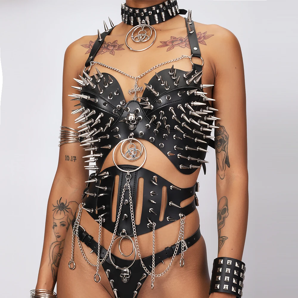 Y2K Halter Top Gothic Punk Rock Emo Revival Chain Spiked Studded Rivet Clothing with Spikes Goth Grunge Rave Festive Tops