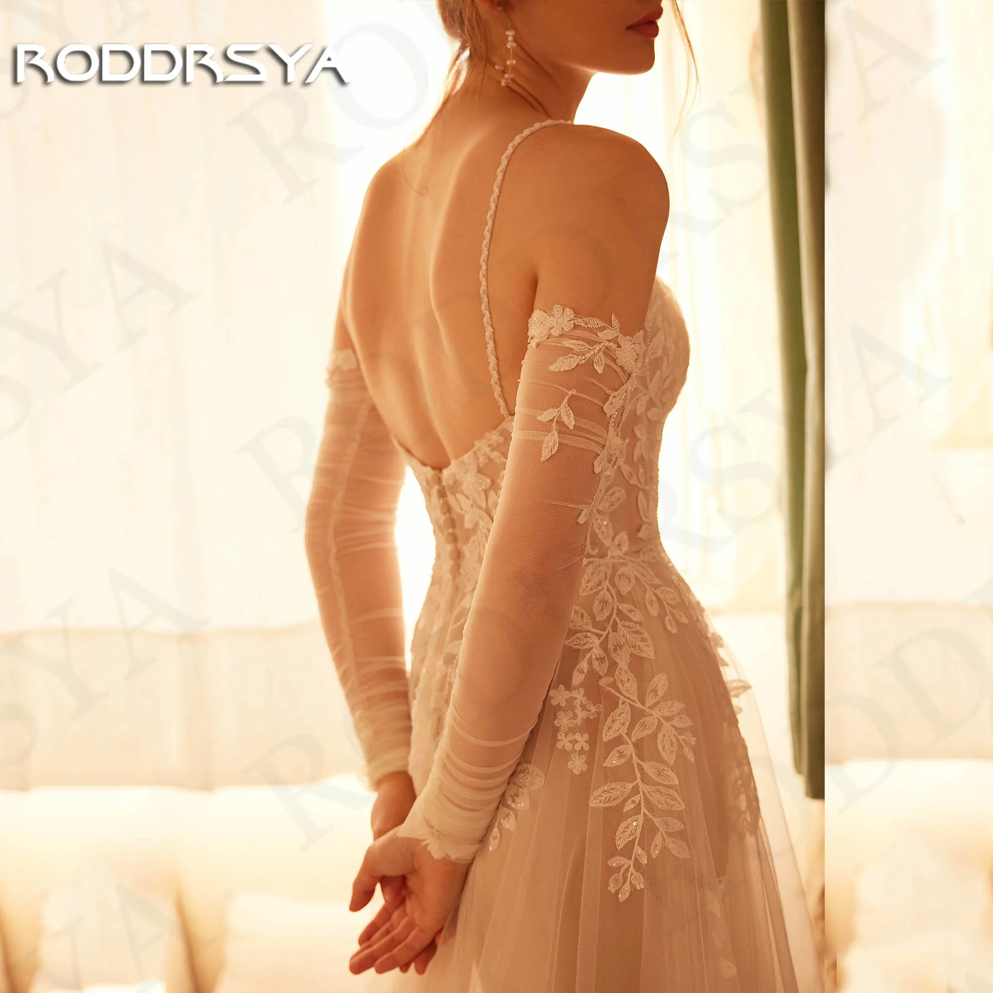 RODDRSYA Backless A Linha Vestidos De Casamento 2024 Encantador Tule V Pescoço Mangas Destacáveis Vestido De Noiva Apliques robes de mariée Vestidos de noiva em linha A sem costas 2024  Encantador vestido de noiva de t