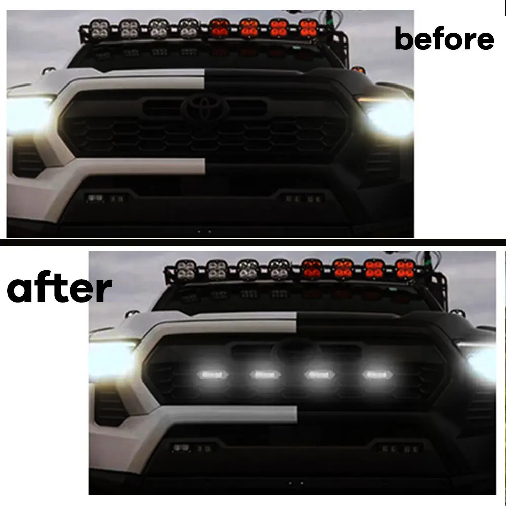 4Pcs Grill Car LED Light For Toyota Tacoma 2024 TRD Trailhunter Front Grille Lights Amber Warning Daylights DRL White Blue Red