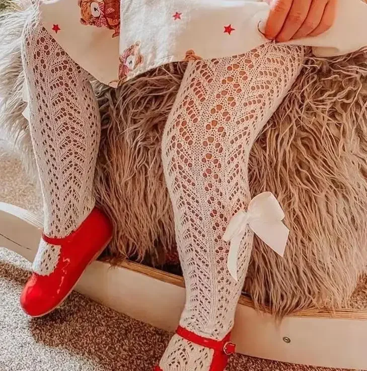 Summer Girls Stockings Hollow Bow Tights For Kids Fishnet Clothing Toddler Pantyhose Spain Style Thin Ballet Baby Bottom Tights