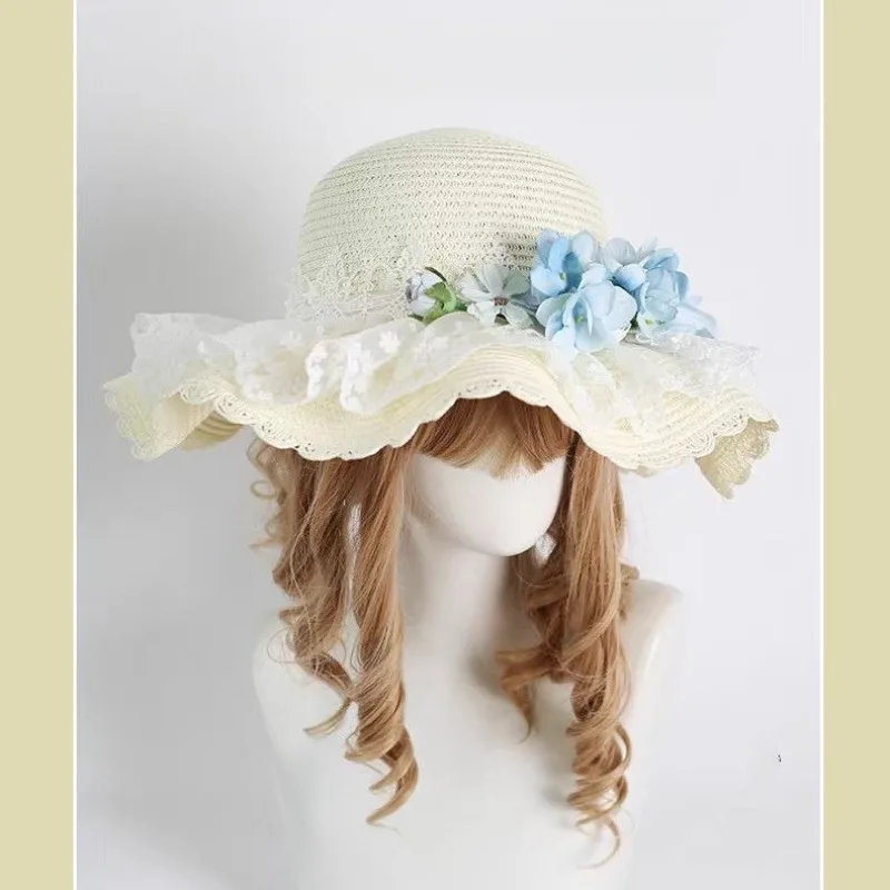 Pastoral Lolita Straw Hat Lace Ruffle Hydrangea Decor Sun Hat for Beach Outdoor Photo Prop UV Protection Visor Cap