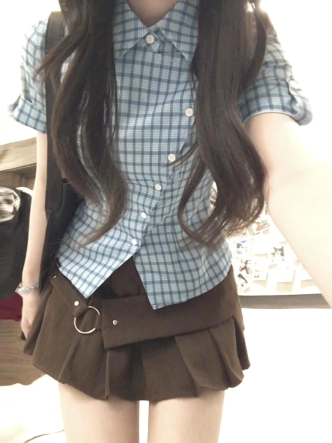 

Retro Korean Plaid Blue Short Sleeve Women's Shirt Summer Slimming Design Casual Top Sweet Style Patchwork Grid Pattern