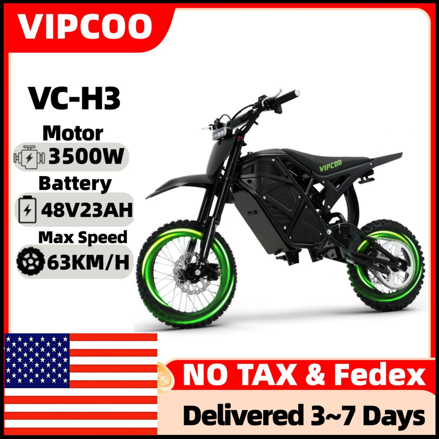 

VIPCOO H3 Электрический мотоцикл 3500 Вт Двигатель 48V23AH Аккумулятор 63 км/ч Макс. скорость 40-70 км Диапазон Гидравлические тормоза Электрический горный велосипед