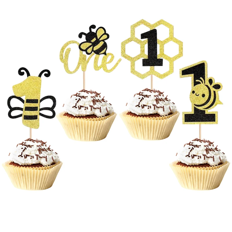 NUBECOM 24 Stück Biene-Thema-Kuchenaufsatz, glitzernde Cupcake-Aufsatz für den Weltbienen-Tag, Kuchendekoration, Baby-Dekoration zum ersten Geburtstag – Detail 7