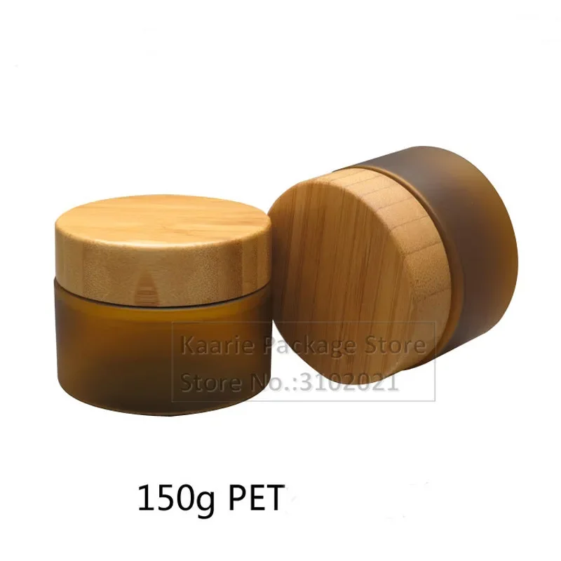 

PET Plastic Frosted Brown Cosmetic Lotion Emulsion Refillable Container, Matte Amber Face Cream Skin Cream Bamboo Pot Jar