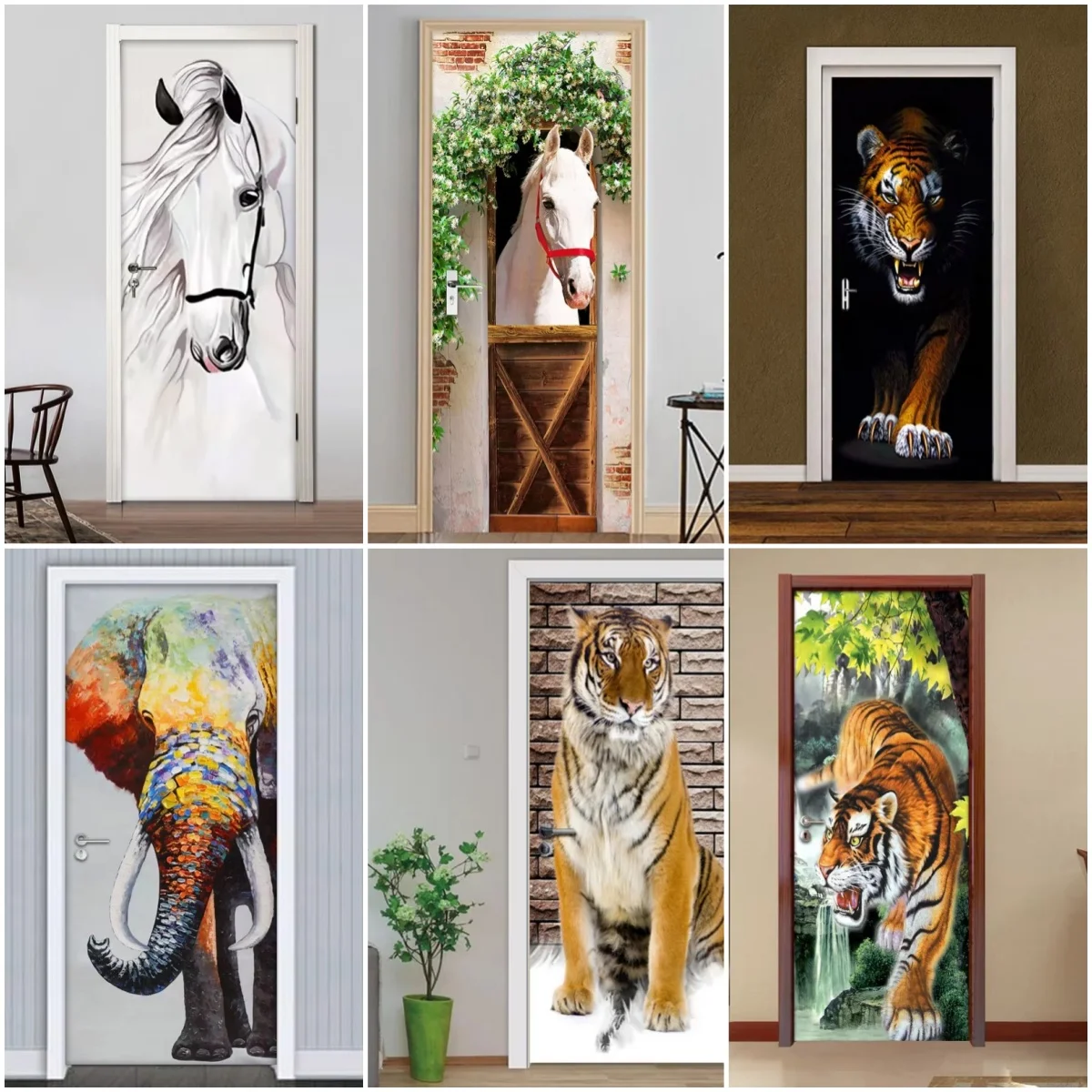 

Cute Animals Horse Tigers Door Stickers Home Decor Modern Living Room Bedroom Door Decoration Sticker Wall Mural Wallpaper