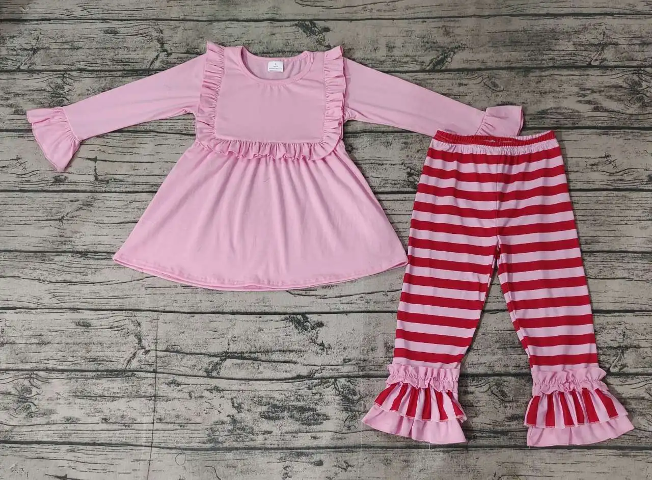 Pre-Sale Autumn And Winter Girls' Long-Sleeved Trousers Suit, Round Neck, Striped Elements, Color And Bright Ruffle