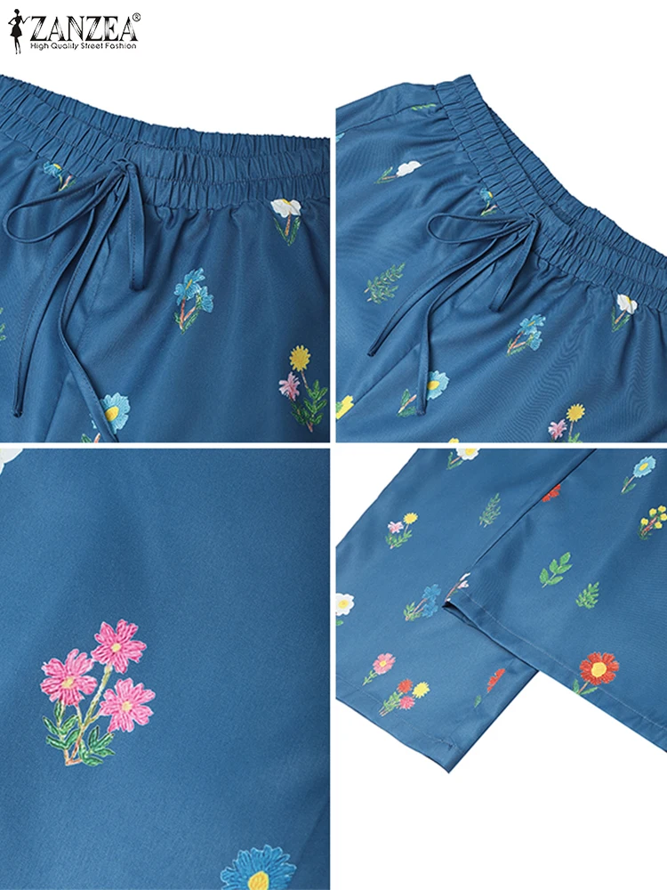 ZANZEA Vrouwen Bloemenprint Wijde Pijpen Broek 2025, Herfst Casual Lace-Up Elastische Taille Losse Broek Vrije tijd Dagelijkse Slijtage Bodems