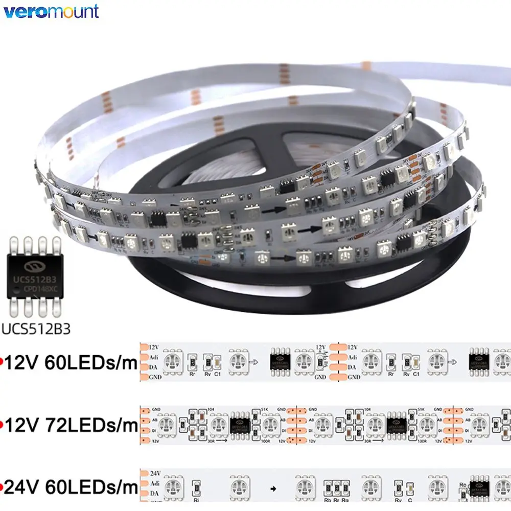 

5m 12V 24V DC 5050 SMD 60LEDs/m or 72LEDs/m UCS512B3 DMX512 Computer Programmable Addressable RGB Pixel DMX 512 LED Strip 10mm