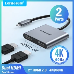 Lemorele 2 Port USB C Hub to Dual HDMI 4K 60HZ Dual Screen Expansion Type C Docking Station For Macbook Laptop Mobile Phone PC