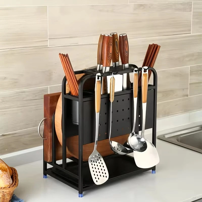 Stainless steel kitchen storage rack, spatula and knife holder, with cutting board
