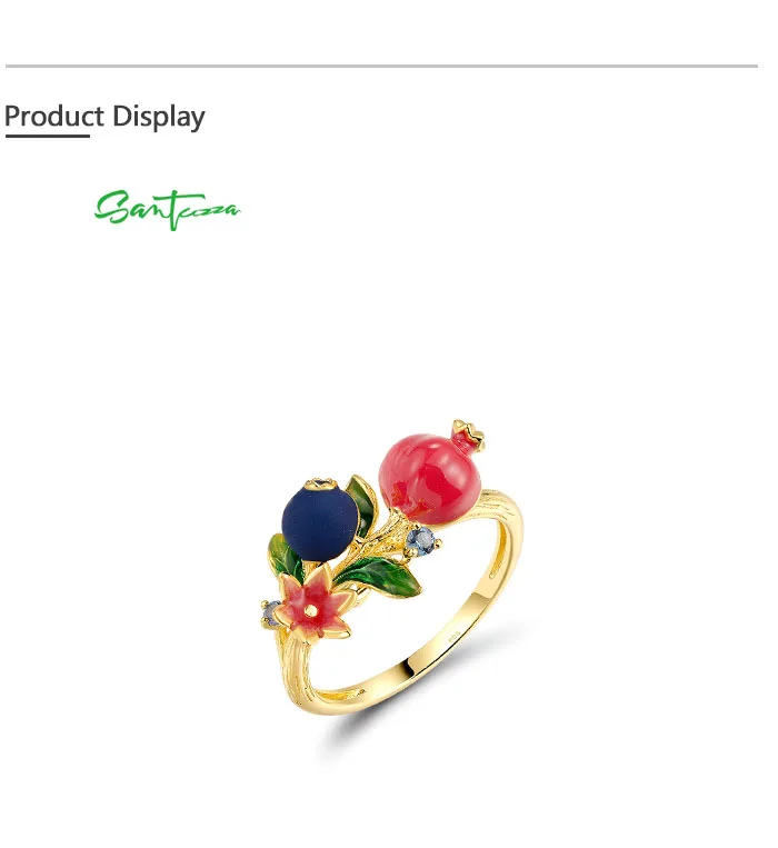 SANTUZZA Authentische 925 Sterling Silber Ringe für Frauen, Niedliche Blaubeeren & Granatapfel Emaille Früchte, Zarte Blumen, Edle Schmuckstücke – Detail 3