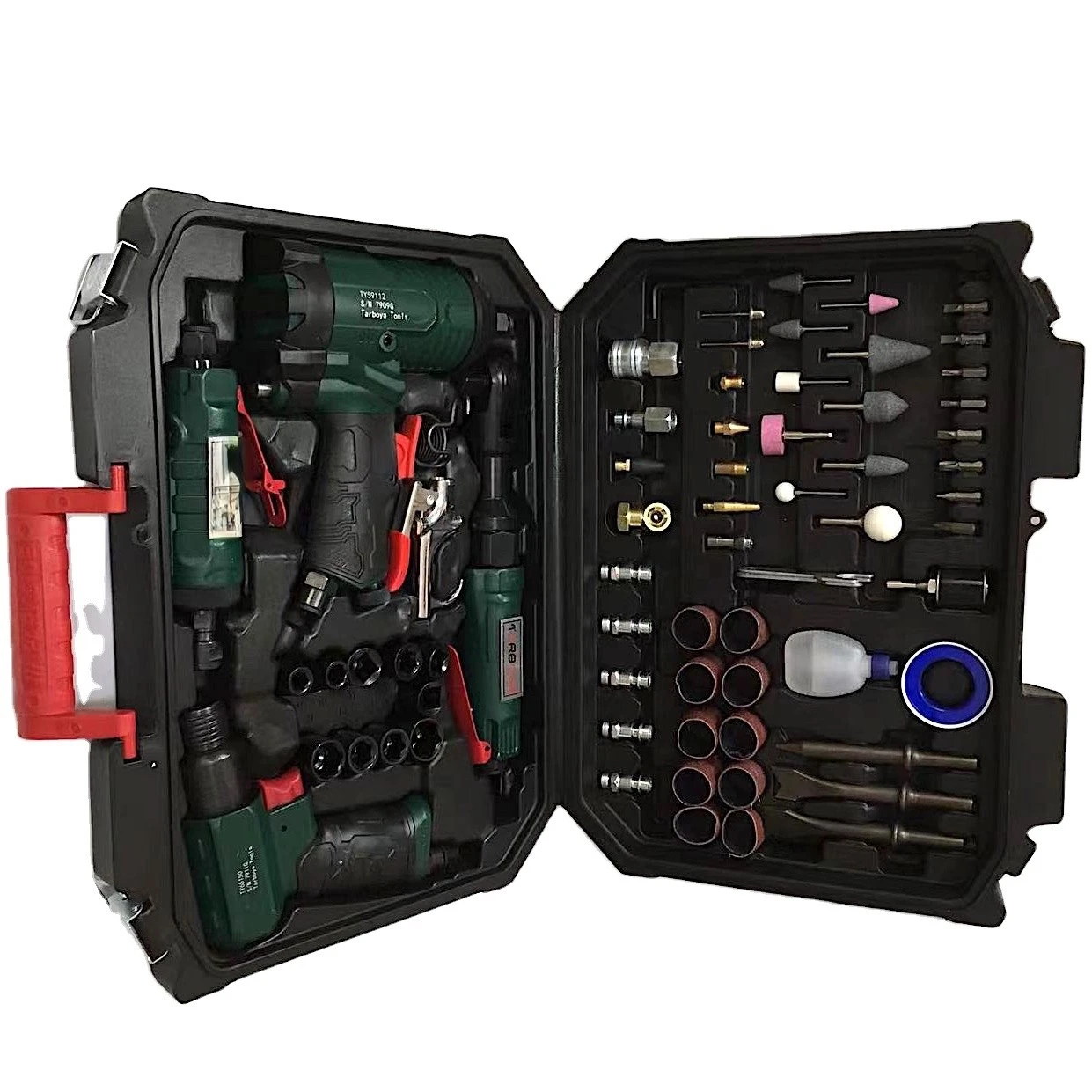 Tool Set includes air blow gun, tire inflator, plus sockets, screwdriver bits, chisels, grinding stones, sports needle and more.